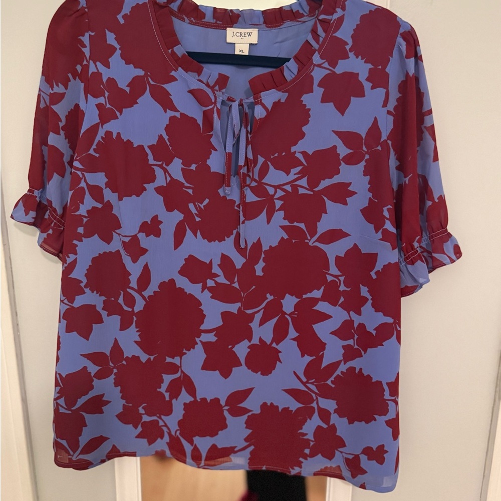 J. Crew Blue and Maroon Floral Tie-Neck Blouse